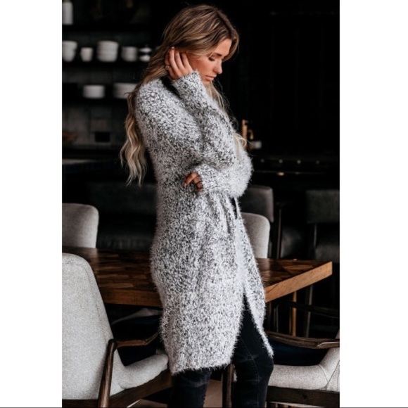 Gray Fuzzy Knit Cardigan with Pockets - Picture 3 of 8